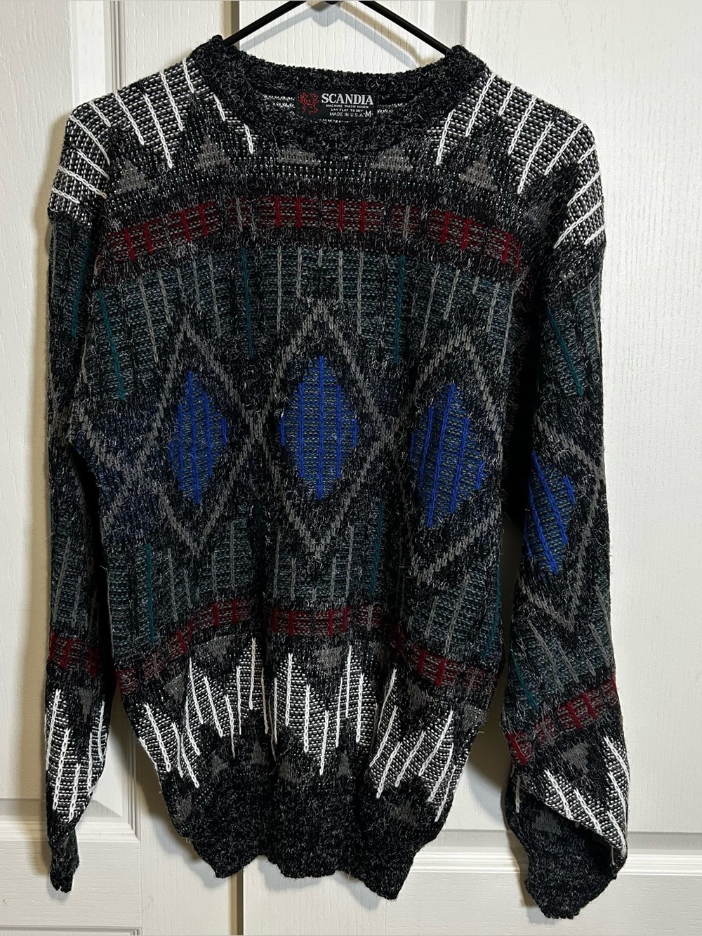 VTG Scandia Sweater Mens Medium Black Geometric Aztec Cosby Grandpa 80s 90s USA
